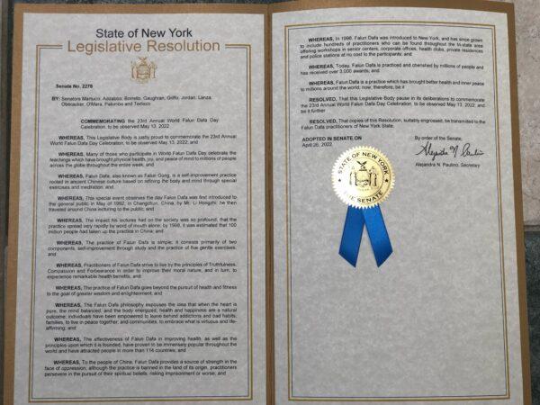 A photo of New York Senate Resolution No. 2278 on April 26, 2022. (The Epoch Times staff)