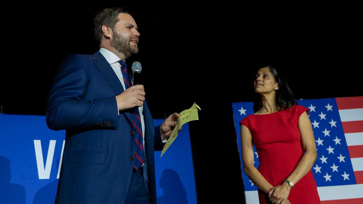 J.D. Vance celebrates on stage with his wife, Usha, during his victory speech after winning the Ohio Republican U.S. Senate primary on May 3. (Courtesy of Melissa Townsend)