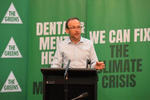 Greens leader Adam Bandt speaks at a party room meeting at Parliament House in Canberra, Australia, on Feb. 7, 2022. (AAP Image/Mick Tsikas)
