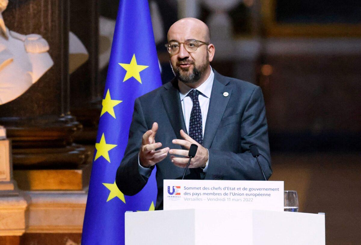 European Council President Charles Michel holds a press conference following an EU leaders summit to discuss the fallout of Russia's invasion of Ukraine at the Palace of Versailles near Paris on March 11, 2022. (Ludovic Marin/AFP via Getty Images)