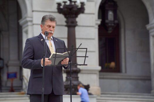 David Maloney, a Pennsylvania state representative, speaking at the "Make Pennsylvania Godly Again," rally in Harrisburg, May. 2, 2022. (Steve Wen/The Epoch Times)