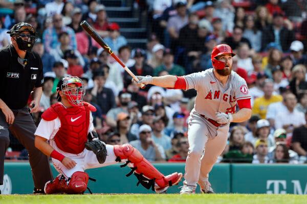 Jared Walsh #20 of the Los Angeles Angels watches his two run home run against the Boston Red Sox during the seventh inning at Fenway Park, in Boston, on May 5, 2022. (Winslow Townson/Getty Images)