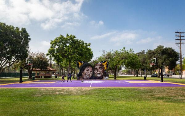 A basketball court inspired by basketball great Kobe Bryant and daughter his Gianna “Gigi” Bryant at Pearson Park in Anaheim, Calif., on May 5, 2022. (John Fredricks/The Epoch Times)