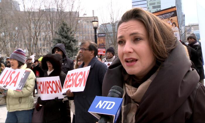 Tanya Granic Allen, president of Parents as First Educators, speaks during a sex-ed protest at Queen’s Park in Toronto on Feb. 2, 2019. (NTD Television)