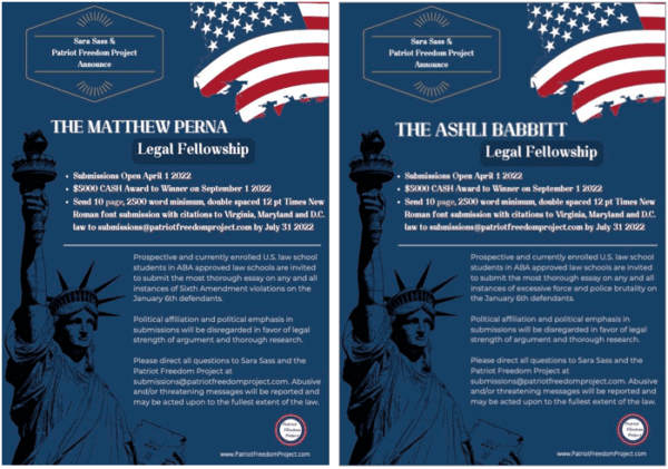 Flyers for the Matthew Perna and Ashli Babbit Legal Fellowship Contest, founded and funded by attorney and author Sara Sass for the Patriot Freedom Project. (Courtesy of Cynthia Hughes)