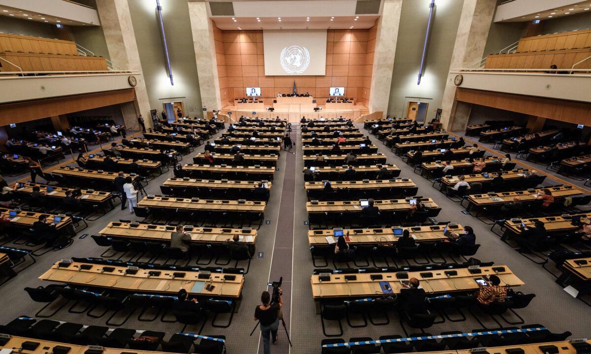 General view at the opening of the U.N. Human Rights Council's 44th session in Geneva on June 30, 2020. (Fabrice Coffrini/AFP via Getty Images)
