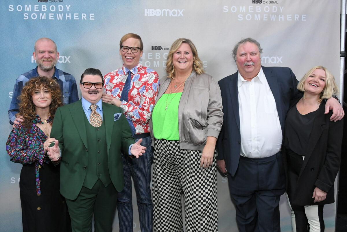 (L-R) Carolyn Strauss, Paul Thureen, Hannah Bos, Murray Hill, Jeff Hiller, Bridget Everett, Mike Hagerty, and Mary Catherine Garrison attend HBO MAX "Somebody Somewhere" Finale Episode Screening at NeueHouse Los Angeles in Hollywood, Calif., on Feb. 23, 2022. (Charley Gallay/Getty Images for HBO Max)