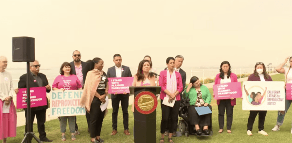 A screenshot from YouTube, taken on May 6, 2022, shows a press conference where Sen. Lena Gonzalez (D-Long Beach) (C) joined local officials from Long Beach, Calif., to support legalized abortion nationwide in Long Beach, Calif., on May 6, 2022. (Screenshot via YouTube)