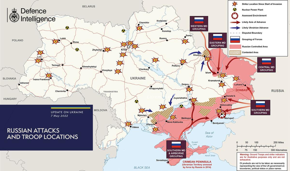 A map by the U.K. Ministry of Defense shows the troop locations of Russia and Ukraine as of May 7, 2022. (UK Ministry of Defense)