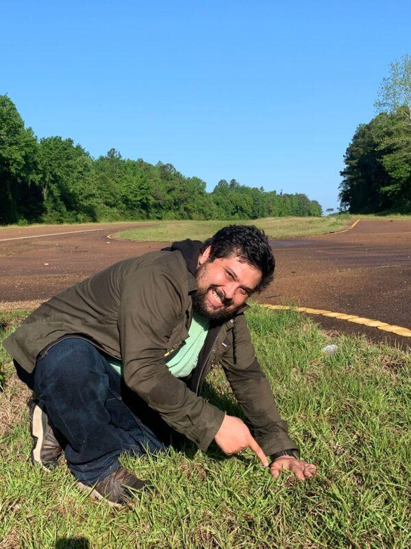 Roberto Vargas points to a piece of meteorite he found in Natchez, Mississippi, in May 2022. (Courtesy of Roberto Vargas)