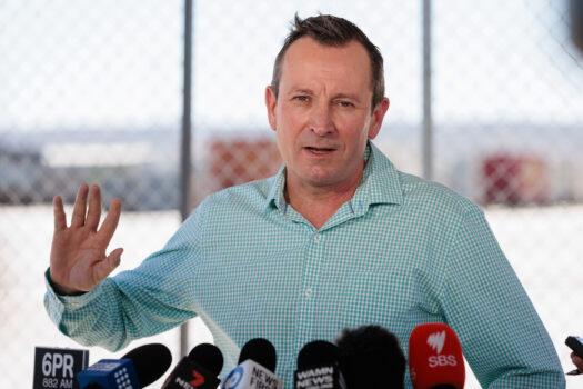 Western Australia Premier Mark McGowan speaks to the media during a press conference in Perth on Feb. 5, 2022. (AAP Image/Richard Wainwright)