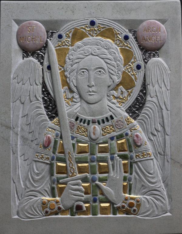 "St. Michael and the Sword," 2020, by Jonathan Pageau. Soapstone, gold leaf, basma (metalwork), serpentine, onyx, and lapis lazuli; 9 inches by 12 inches. (Jonathan Pageau)