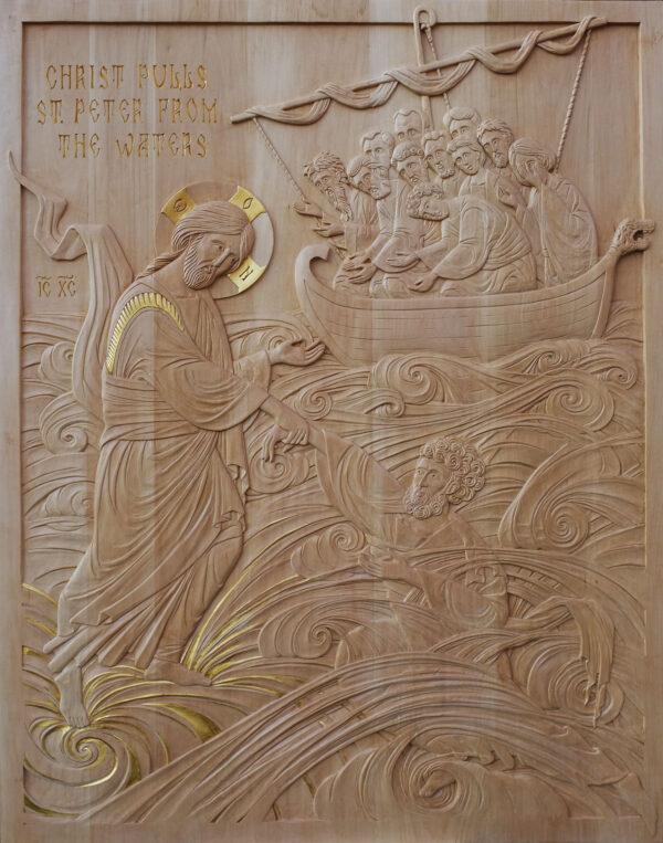 "Christ Pulls St. Peter From the Waters," 2022, by Jonathan Pageau. Linden wood with gold leaf; 4 inches by 5 inches. (Jonathan Pageau)