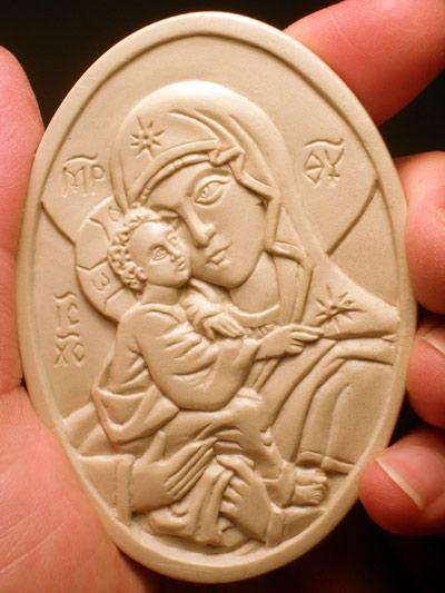 Panagia carving, 2012, by Jonathan Pageau. Soapstone; 2.5 inches by 1.5 inches. (Jonathan Pageau)