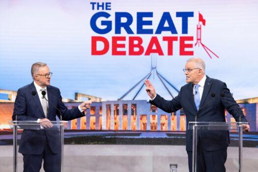 Australian Prime Minister Scott Morrison (right) and Labor Party opposition leader Anthony Albanese during the second leaders' debate ahead of the federal election at Nine Studios in Sydney, Australia, on May 8, 2022. (AAP Image/Pool, Alex Ellinghausen)