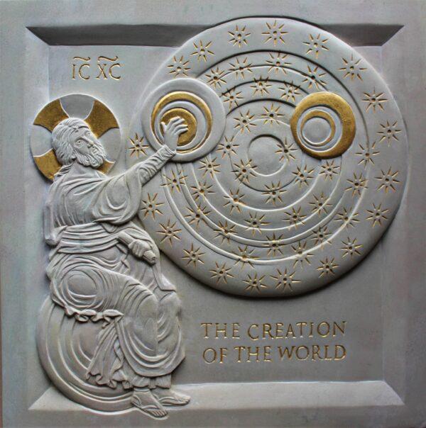 "The Creation of the World," 2018, by Jonathan Pageau. Soapstone and gold leaf; 10 inches by 10 inches. (Jonathan Pageau)