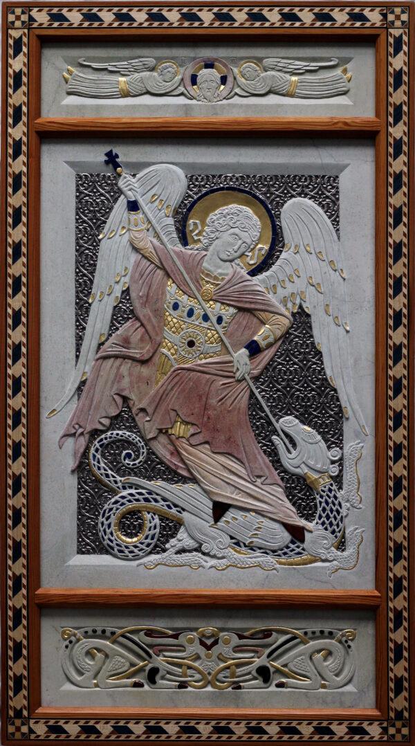 "St. Michael Killing the Dragon," 2019, by Jonathan Pageau. Soapstone, gold leaf, basma (metalwork), serpentine, onyx, lapis lazuli, and antique pine frame by Andrew Gould; 18 inches by 32 inches. (Andrew Gould)