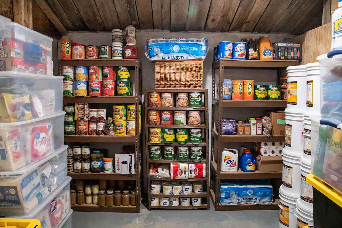 A storage room stacked with food is seen at a preppers' ranch in Mathias, West Virginia, on March 13, 2020. (Nicholas Kamm/AFP via Getty Images)