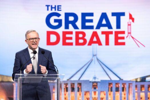 Australian opposition Labor leader Anthony Albanese debates on live television ahead of the federal election during the second leaders' debate of the 2022 federal election campaign at the Nine studios in Sydney, Australia, on May 8, 2022. (Alex Ellinghausen - Pool/Getty Images)