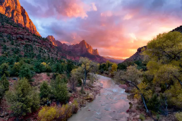 Sunset over the Watchman and the Virgin River at Zion National Park in Utah. (Justin Reznick Photography/Moment/GettyImages)