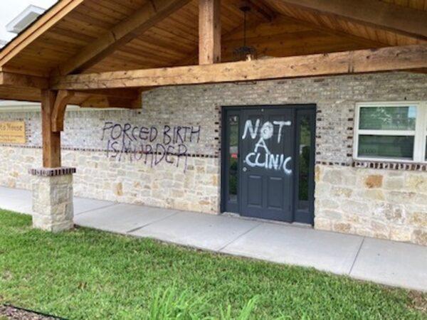 Pro-choice slogans left by a vandal on Loreto House, a crisis pregnancy center in Denton, Texas, on May 7, 2022. (Courtesy of Loreto House)