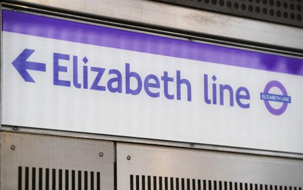 A sign for the new Elizabeth Line in London, which began operations on May 24, 2022. (Jonathan Brady/PA)