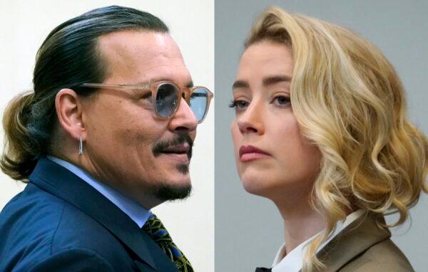 This combination of two separate photos shows actor Johnny Depp (L) and actress Amber Heard in the courtroom at the Fairfax County Circuit Courthouse in Fairfax, Va., on May 23, 2022. (Steve Helber/Pool via AP Photo)