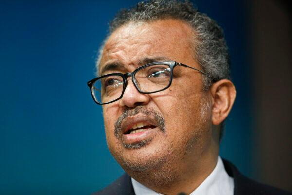 The head of the World Health Organization,, Tedros Adhanom Ghebreyesus, speaks during a media conference at an EU Africa summit in Brussels on Feb. 18, 2022. (Johanna Geron, Pool Photo via AP)