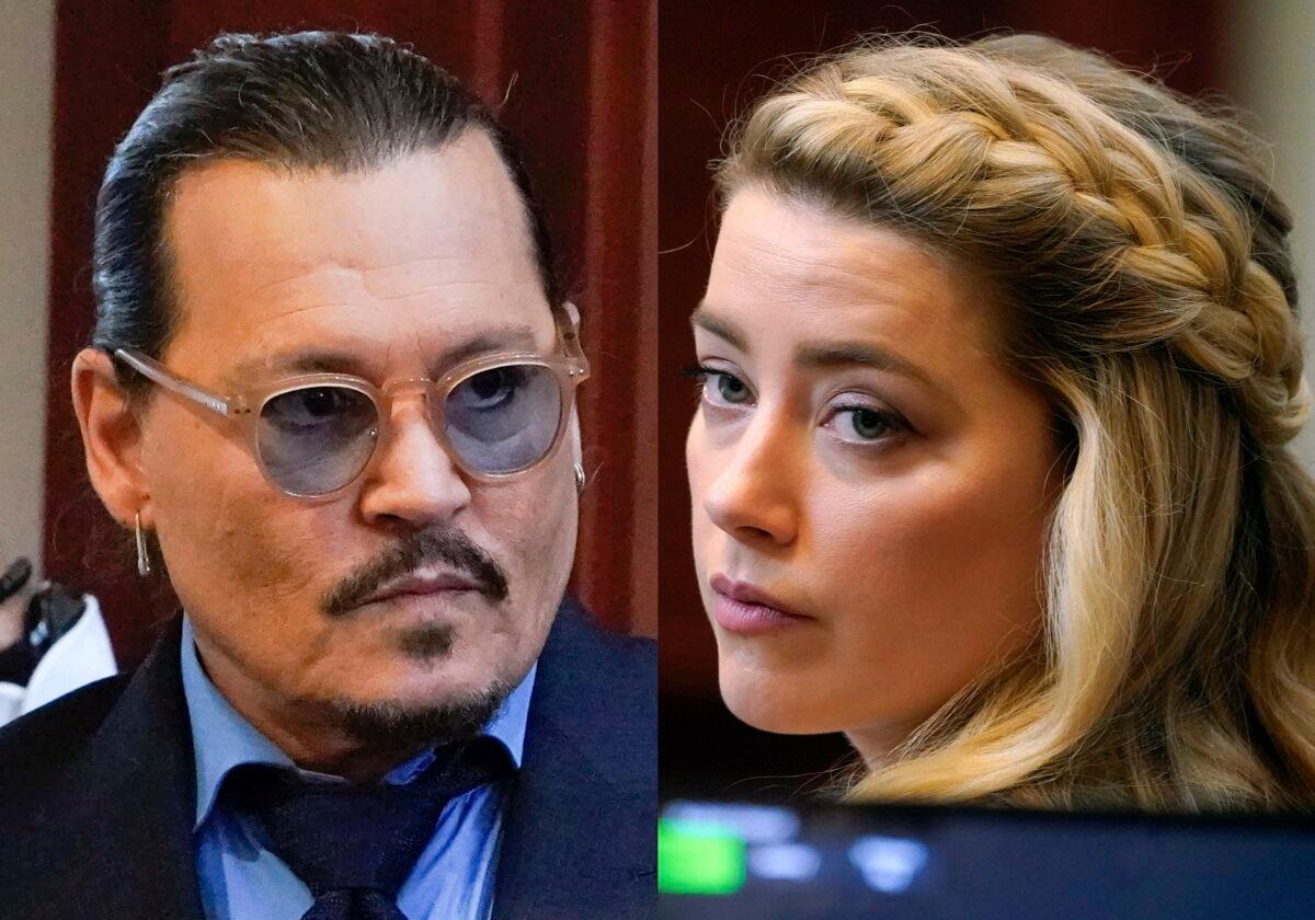 This combination of two separate photos shows actors Johnny Depp (L) and Amber Heard in the courtroom for closing arguments at the Fairfax County Circuit Courthouse in Fairfax, Va., on May 27, 2022. (Steve Helber/AP Photos, Pool)