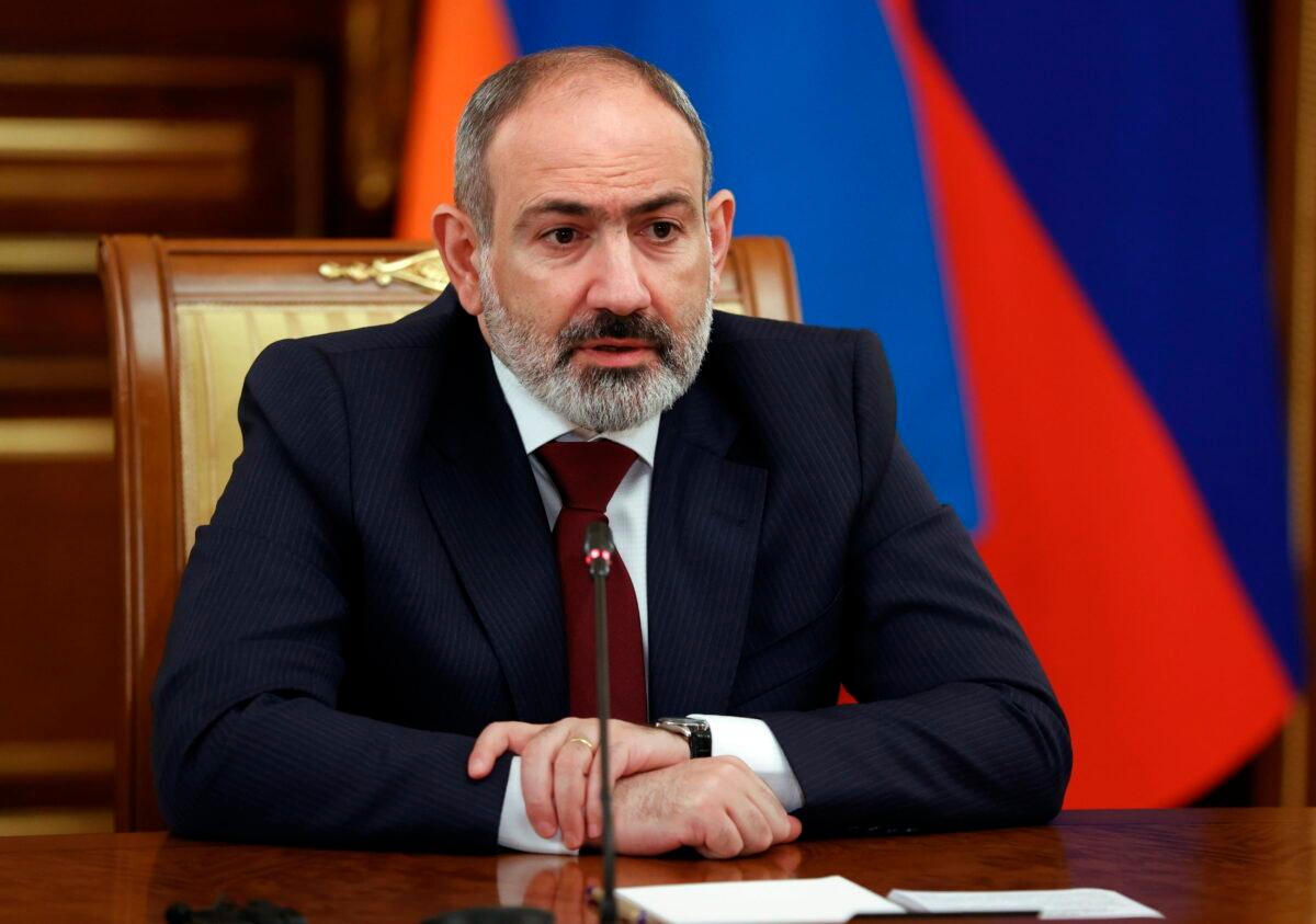 Armenian Prime Minister Nikol Pashinyan speaks to Russian Prime Minister Mikhail Mishustin (not pictured) during their talks in Moscow, Russia, on April 20, 2022. (Dmitry Astakhov, Sputnik, Government Pool Photo via AP)