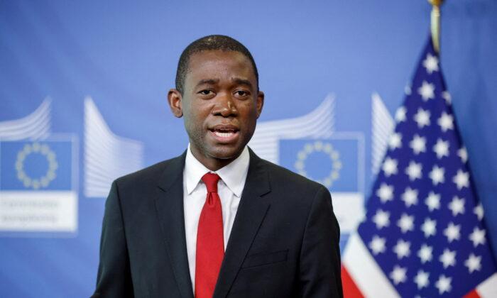 U.S. Deputy Treasury Secretary Wally Adeyemo speaks during a press conference in Brussels on March 29, 2022. (Johanna Geron/Pool/Reuters)