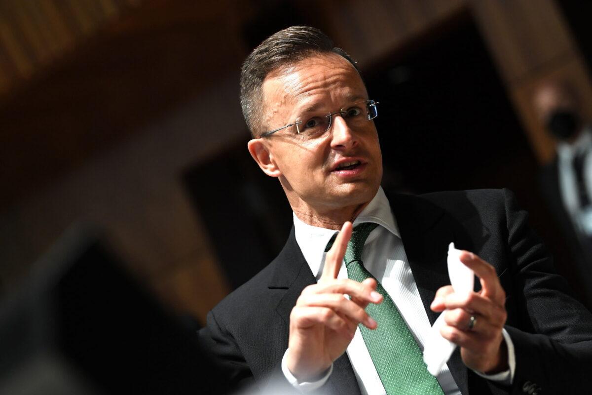 Hungarian Foreign Affairs Minister Peter Szijjarto gestures during a meeting in Luxembourg on June 22, 2021. (John Thys/Reuters)