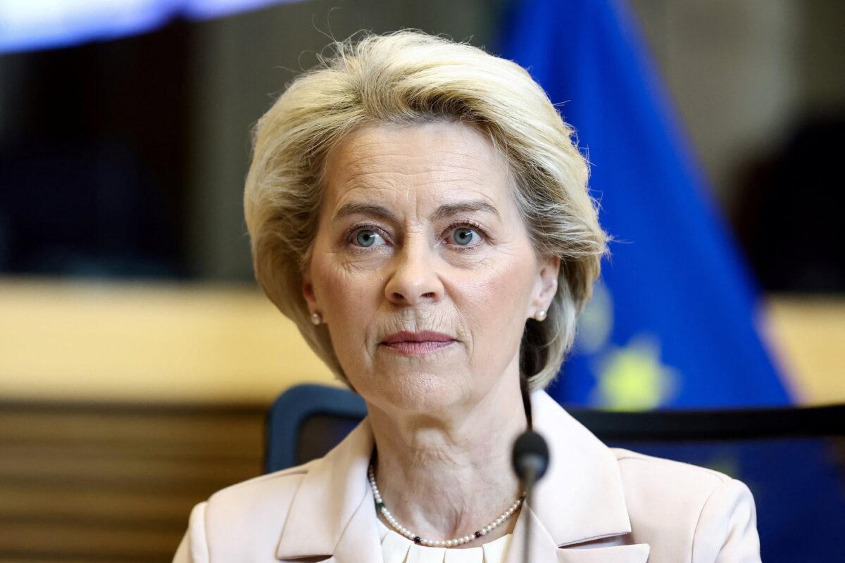 European Commission President Ursula von der Leyen attends a meeting of the College of European Commissioners at the EU headquarters, in Brussels, Belgium, on April 27, 2022. (Kenzo Tribouillard/Pool via Reuters)