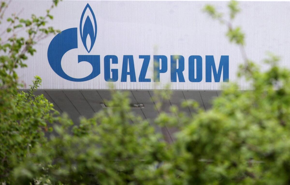 The logo of the Russian energy company Gazprom is seen on а station in Sofia, Bulgaria, on April 27, 2022. (Spasiyana Sergieva/Reuters)