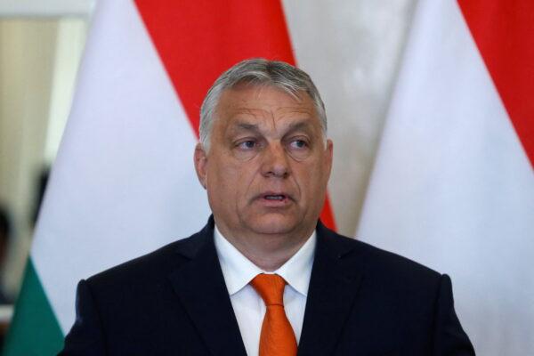 Hungarian Prime Minister Viktor Orban speaks to the media after talks at the Presidential Palace in Budapest, Hungary, on April 29, 2022. (Bernadett Szabo/Reuters)