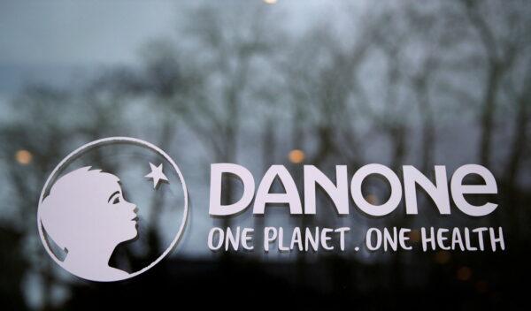 French food group Danone's logo at the company headquarters in Rueil-Malmaison near Paris on Feb. 18, 2021. (Gonzalo Fuentes/Reuters)