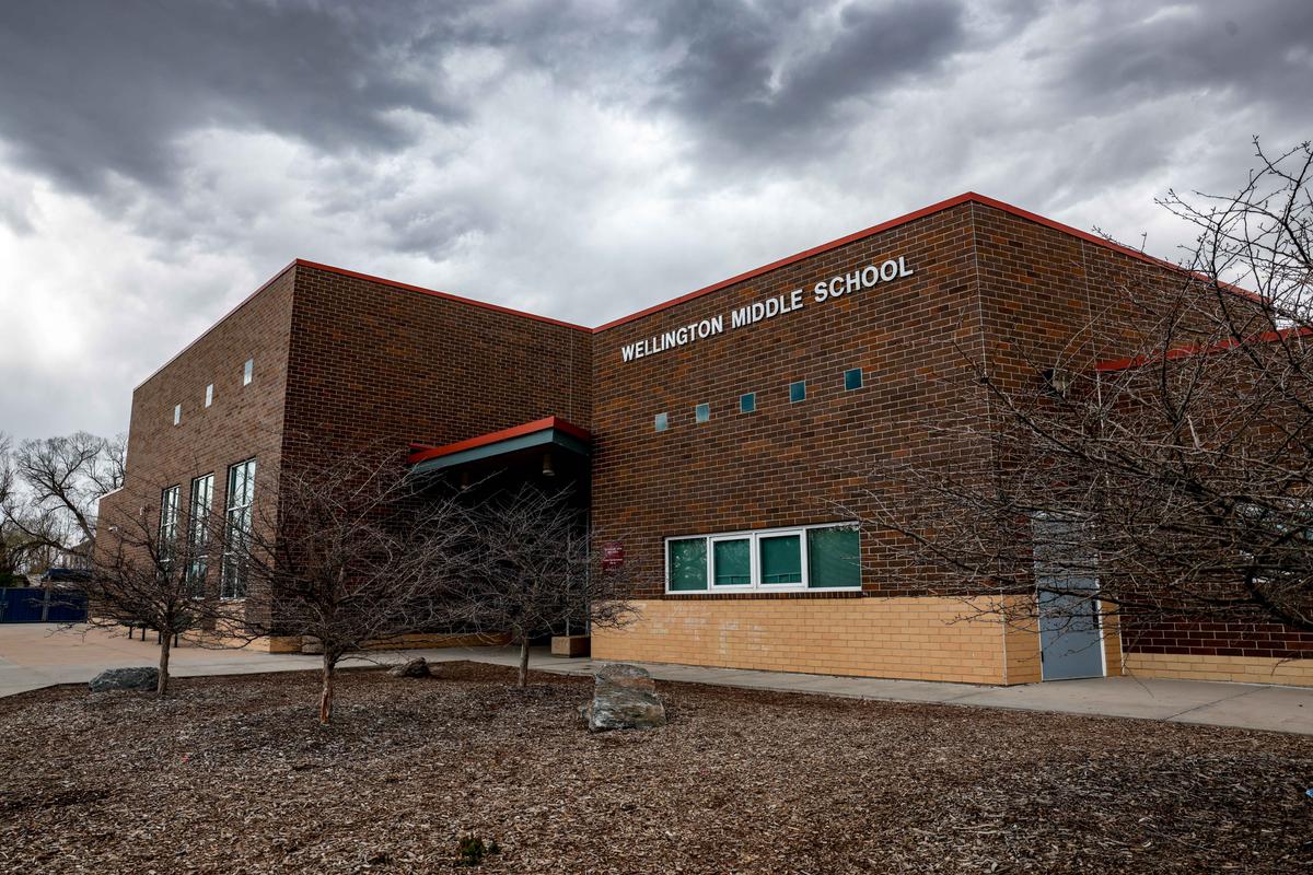 Wellington Middle School sits under stormy skies in Wellington, Colo., on May 7, 2022. (Michael Ciaglo for The Epoch Times)