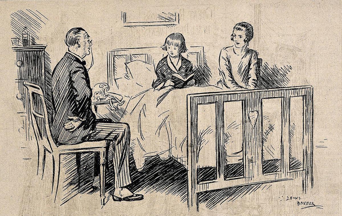 A doctor attempting to talk to an ill child and being completely misunderstood. Reproduction of a drawing after Lewis Baumer, 1926. (Wellcome Images/CC BY 4.0)