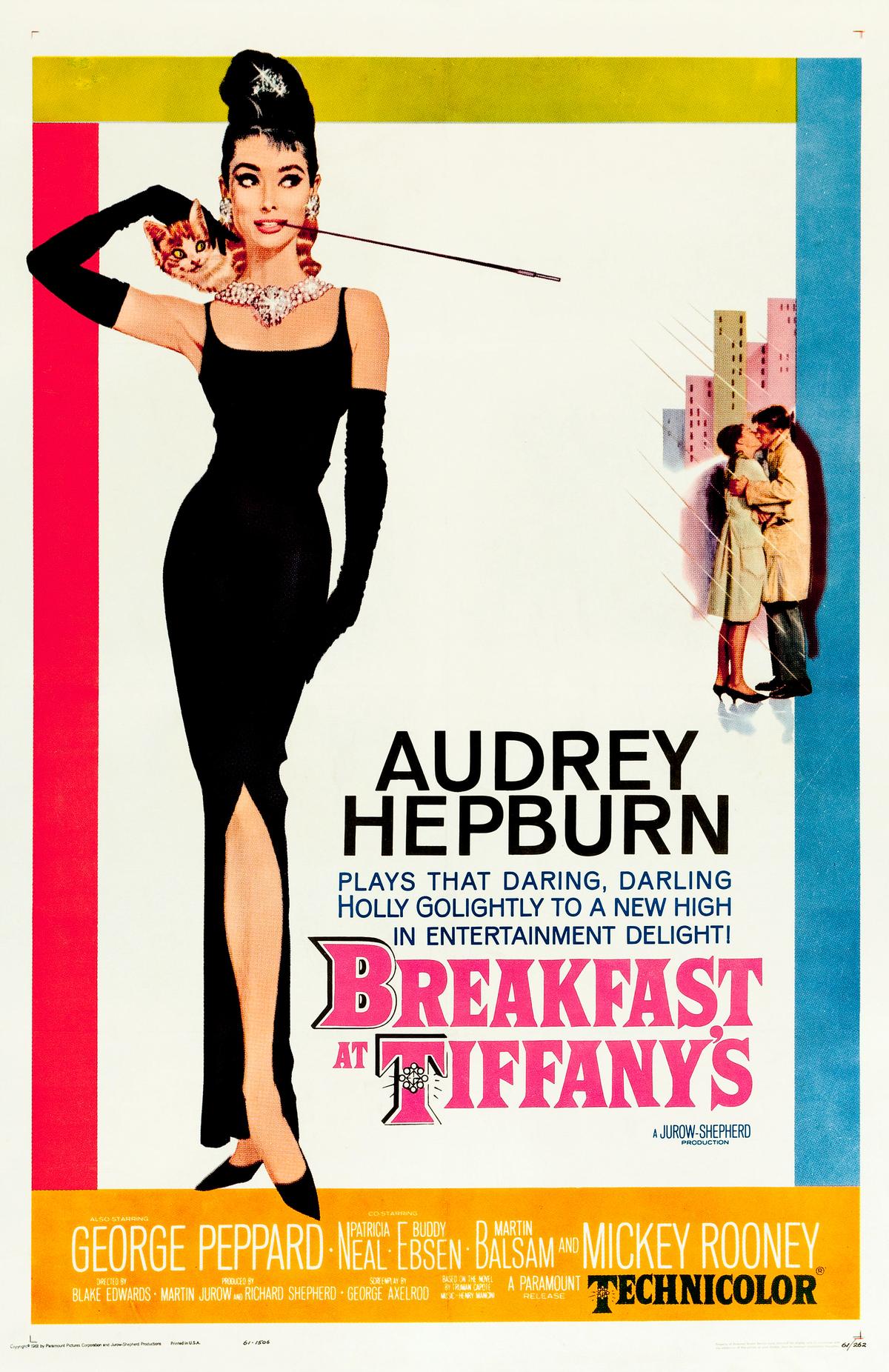 Theatrical poster for the American release of the 1961 film "Breakfast at Tiffany's." The illustration features Audrey Hepburn, who plays the character of New York City socialite Holly Golightly. (Public Domain)