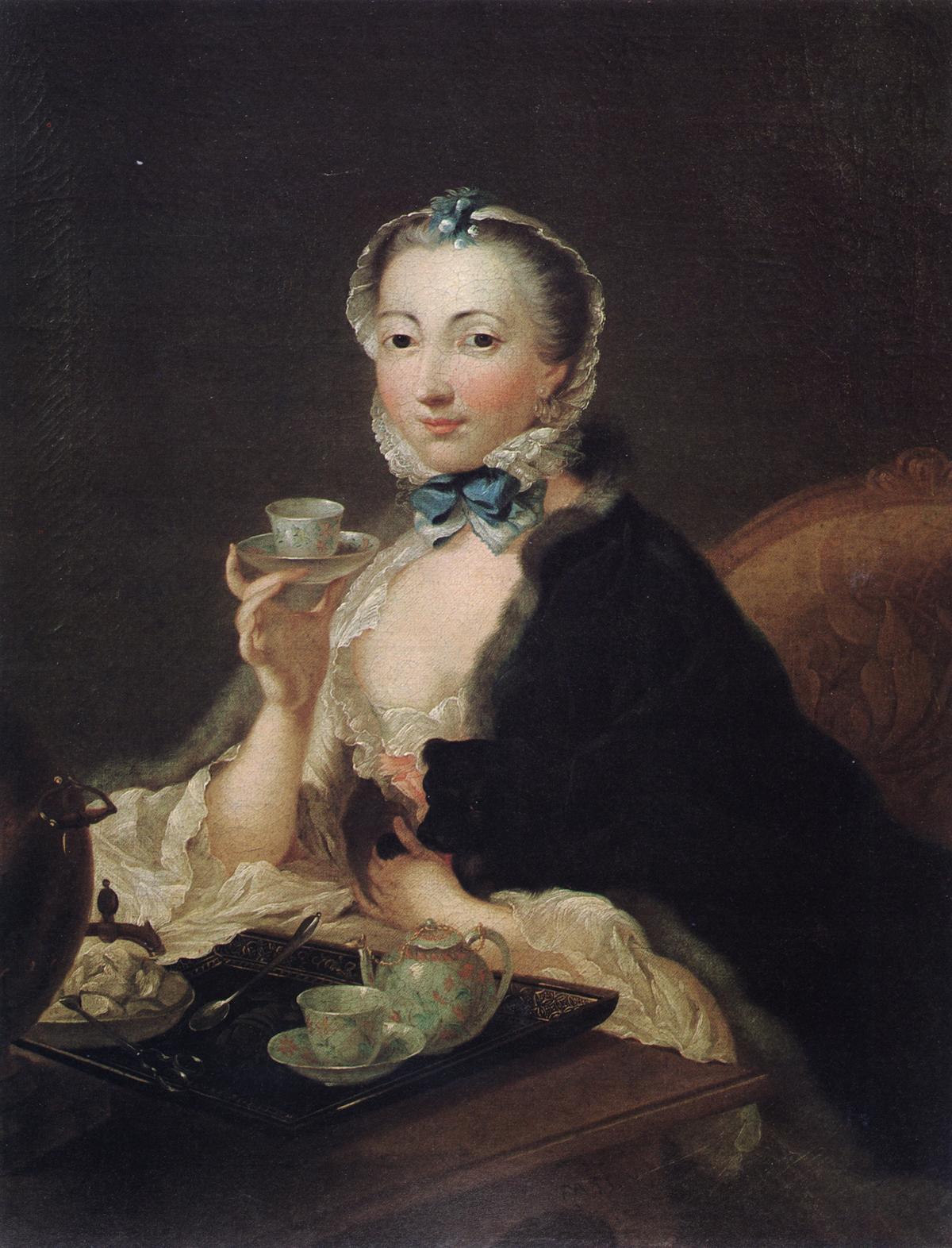 "Woman Drinking Coffee," 18th century, by Nicolas Henri Joseph de Facin. Van Zuylen collection in Liège, Belgium. (PD-US)