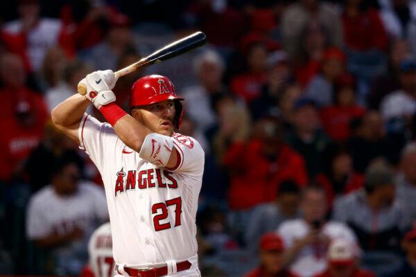 Mike Trout #27 of the Los Angeles Angels in the fourth inning at Angel Stadium of Anaheim, in Anaheim, on May 9, 2022. (Ronald Martinez/Getty Images)