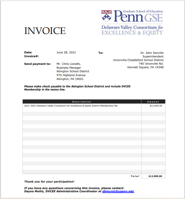 Invoice issued to the Unionville-Chads Ford School District for a $12,000 fee to join the Delaware organization that promotes Critical Race Theory in schools. (Obtained by The Epoch Times)