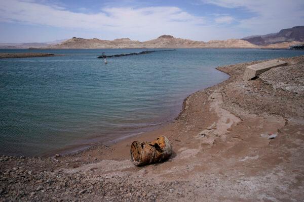 Rusting debris that used to be underwater sits above the water level on Lake Mead at the Lake Mead National Recreation Area, near Boulder City, Nev., on May 9, 2022. (John Locher/AP Photo)
