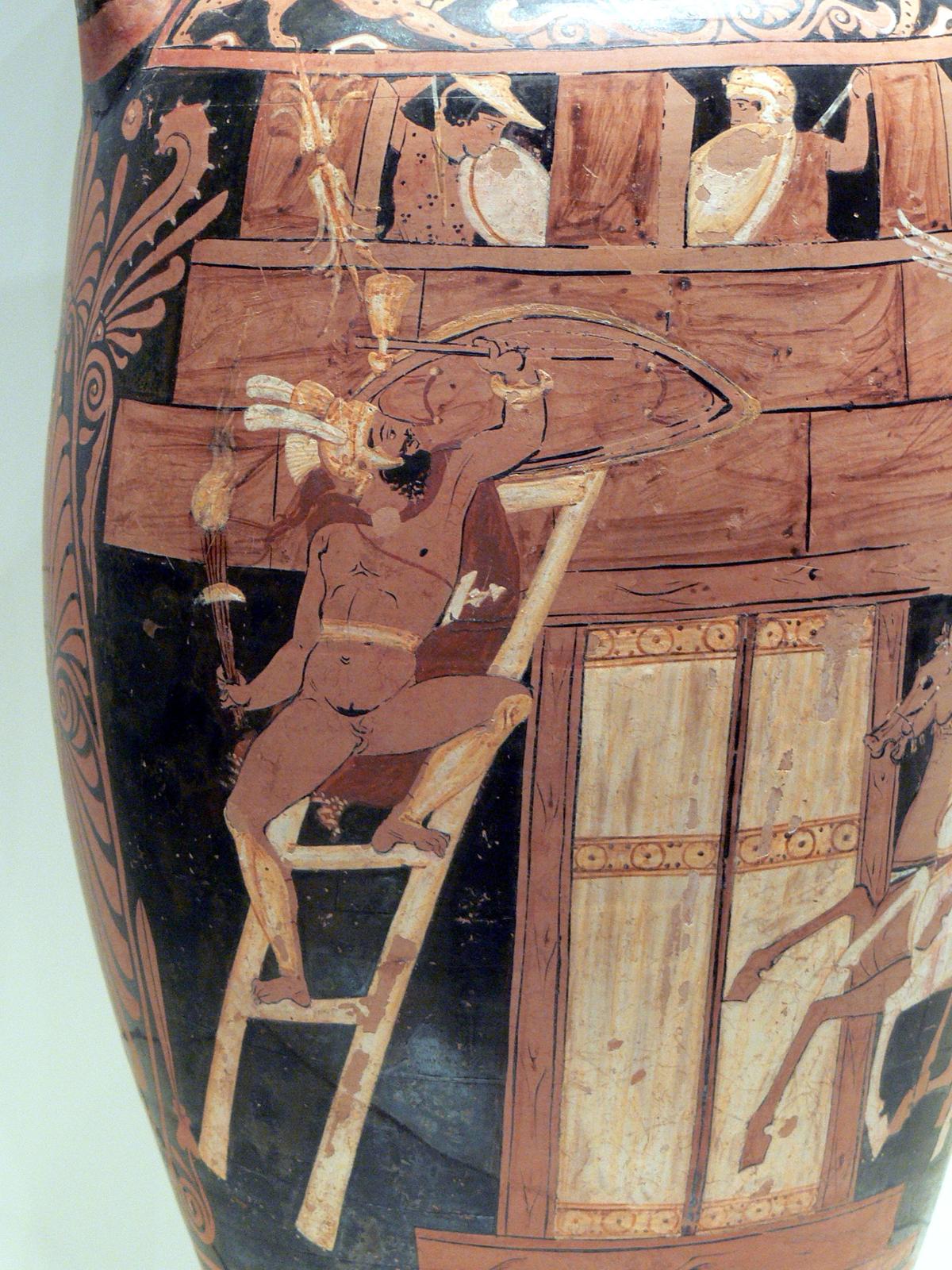 A scene from the play “The Seven Against Thebes” by Aeschylus: Capaneus scales the city walls to overthrow King Creon, who looks down from the battlements. Campanian red-figure on a neck-amphora, circa 340 B.C.; J. Paul Getty Museum. (Xenophon/CC BY-SA 3.0)