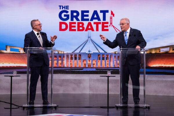 Australian opposition leader Anthony Albanese (L) and Australian Prime Minister Scott Morrison (R) debate on live television in Sydney, Australia, on May 8, 2022. (James Brickwood - Pool/Getty Images)