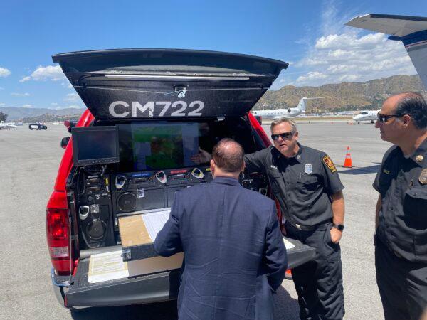 Officials display the “Intel-24” aircraft at the Hollywood Burbank Airport in Burbank, Calif., on May 10, 2022. (Jill McLaughlin/The Epoch Times)