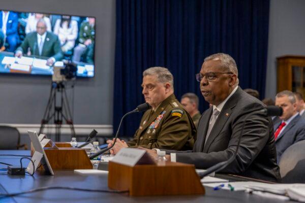 Gen. Mark Milley (L), chairman of the Joint Chiefs of Staff, and U.S. Secretary of Defense Lloyd Austin testify in Washington on May 11, 2022. (Tasos Katopodis/Getty Images)
