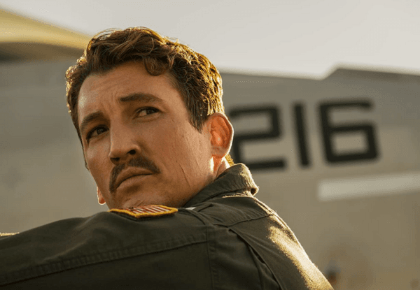 Miles Teller as Lt. Bradley "Rooster" Bradshaw, a pilot in the mission training group, and the son of Maverick's late RIO and best friend, Nick "Goose" Bradshaw, in "Top Gun: Maverick." (Paramount Pictures)