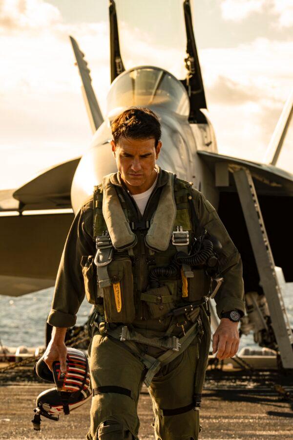 Tom Cruise as Capt. Pete Mitchell and his F-18 Super Hornet in “Top Gun: Maverick.” (Paramount Pictures)
