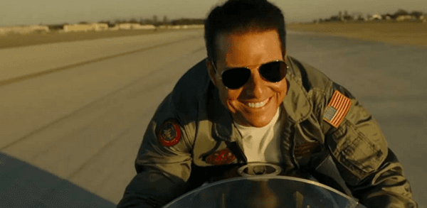 Tom Cruise as Maverick doing his own motorcycle stunt riding in “Top Gun: Maverick.” (Paramount Pictures)